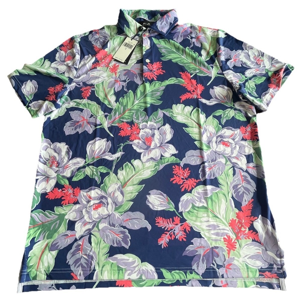 RLX‎ Ralph Lauren Performance Polo Shirt Men's L Blue Green Hawaiian Floral Golf